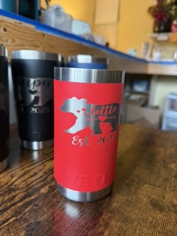 Custom engraved toddler tumbler, bright red, with bear saying "little" 