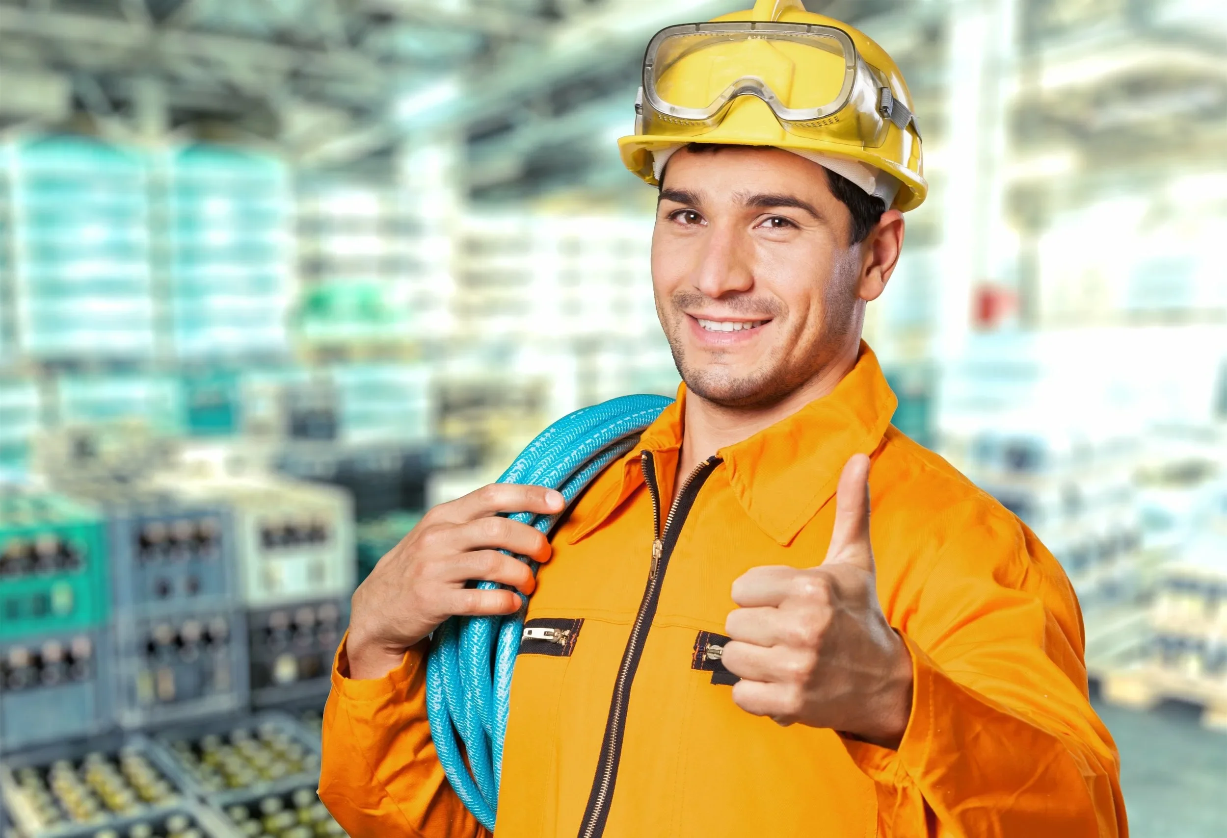 A smiling man in an orange work uniform and yellow safety helmet, holding a blue electrical cable over his shoulder, with a blurred industrial or electrical facility in the background, giving a thumbs-up gesture.