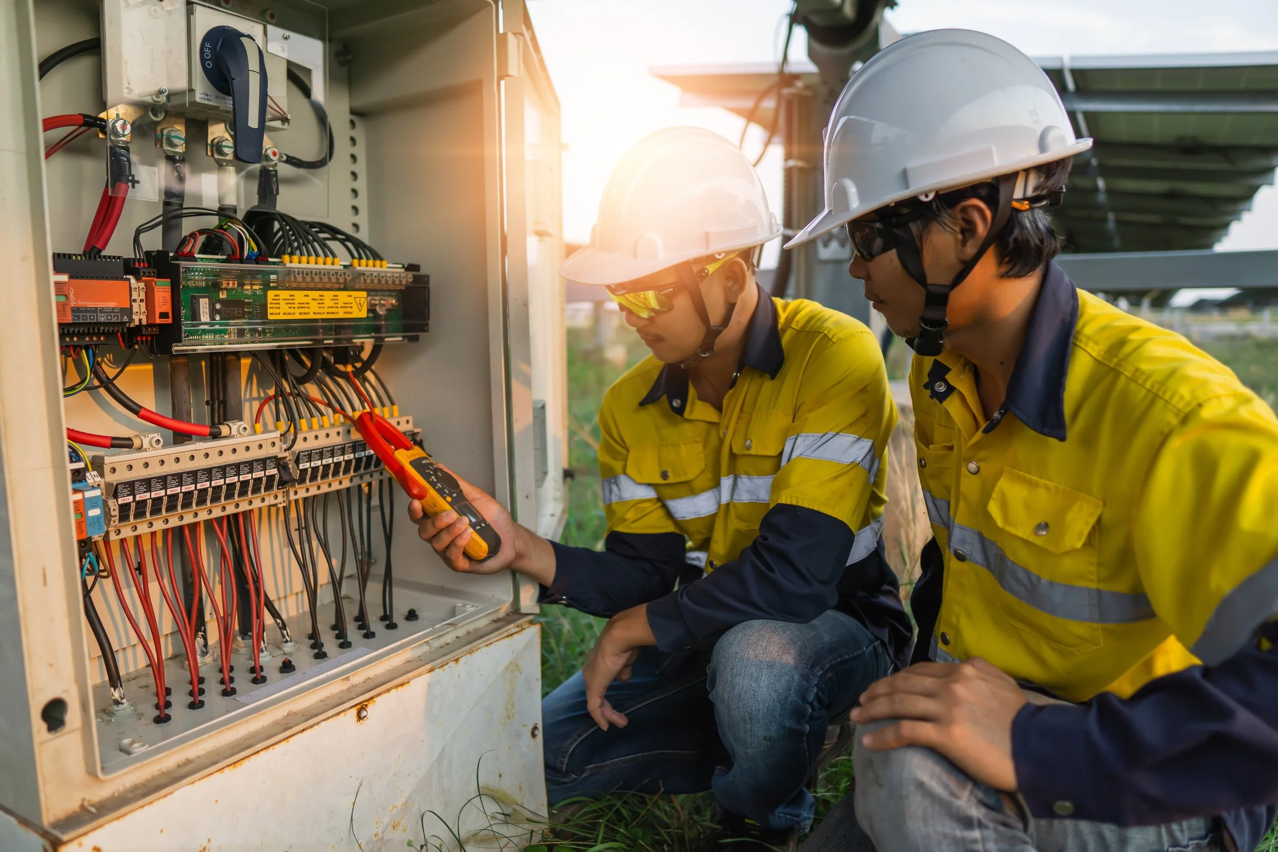 Two workers wearing yellow safety jackets and white helmets inspecting and testing electrical components inside an outdoor electrical control box with a multimeter.