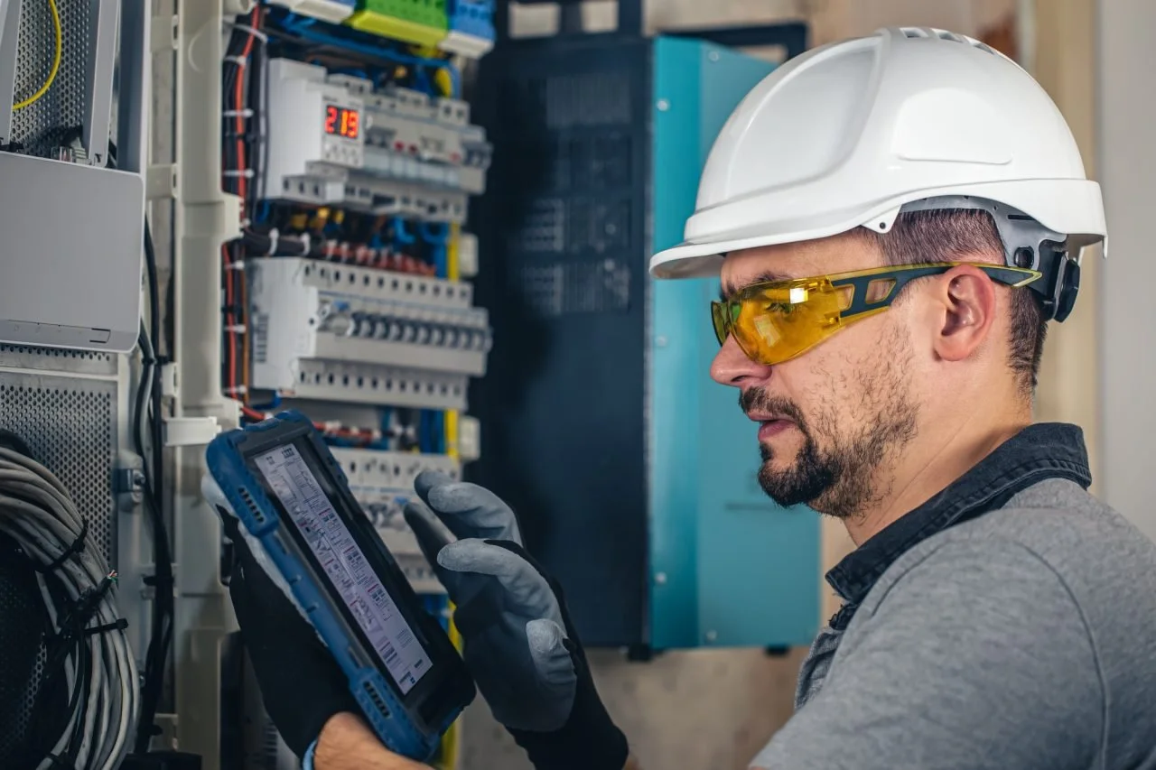 A technician wearing a white hard hat, yellow safety glasses, and gray gloves working on an electrical panel with a handheld diagnostic device.