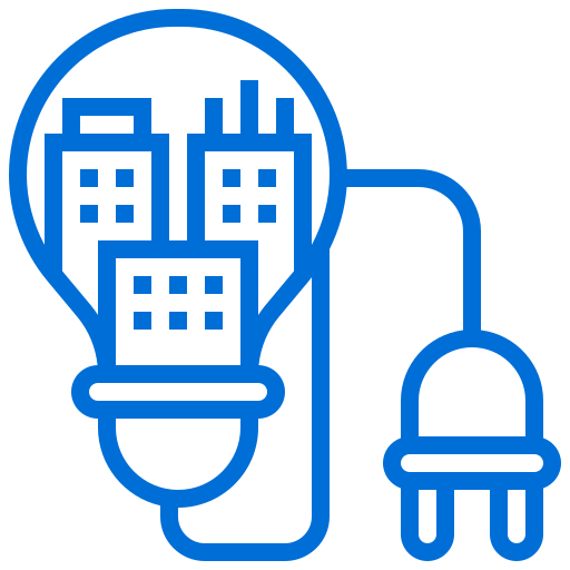 Outline of a cityscape inside a light bulb, connected to an electric plug.