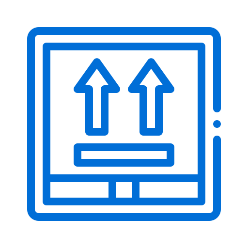 Blue outline icon of a package with two upward arrows and a horizontal bar indicating a shipment or delivery process.