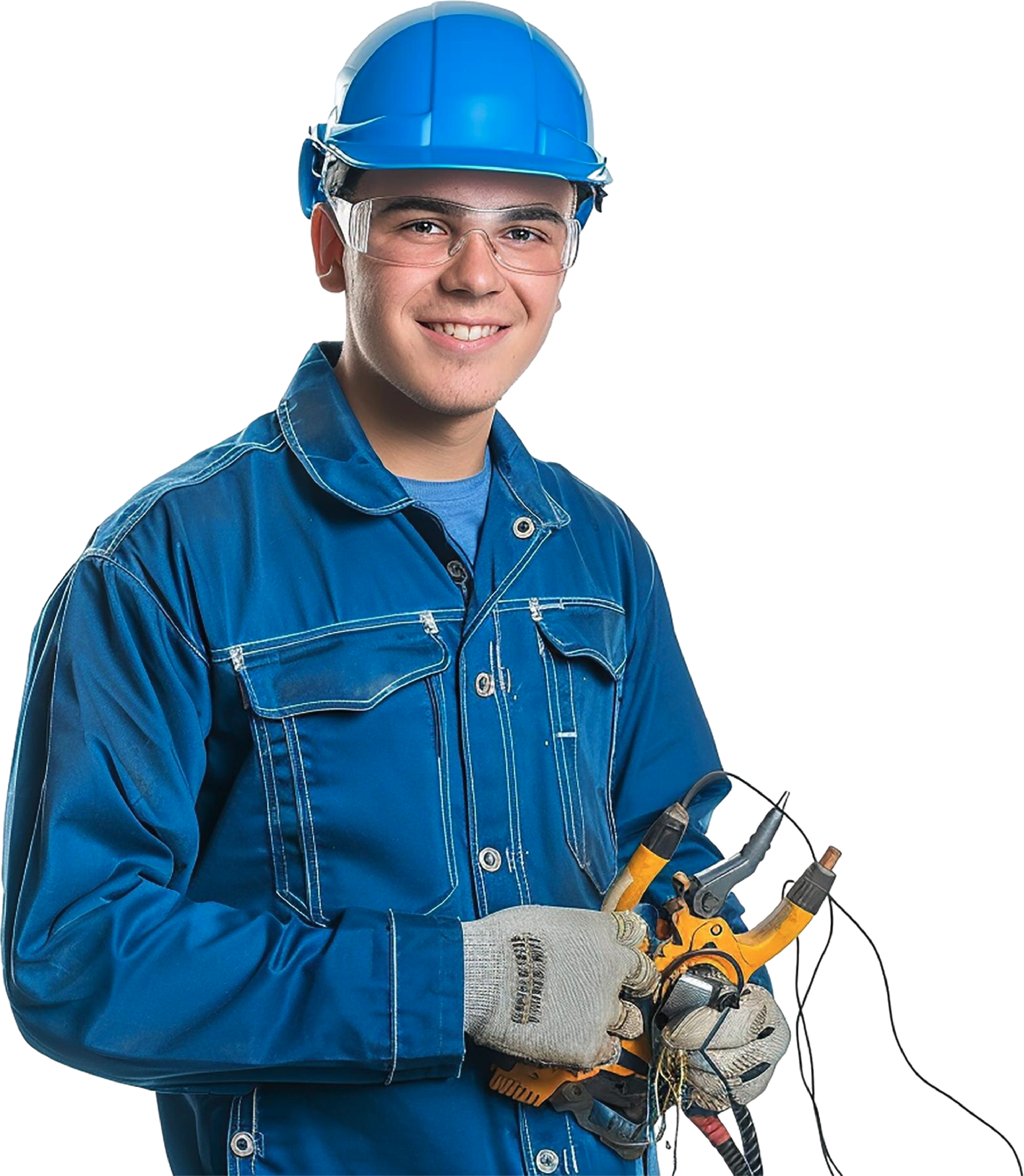 A young male electrician wearing a blue safety helmet, clear safety glasses, a blue work jacket, and gray work gloves, holding electrical testing tools against a black background.