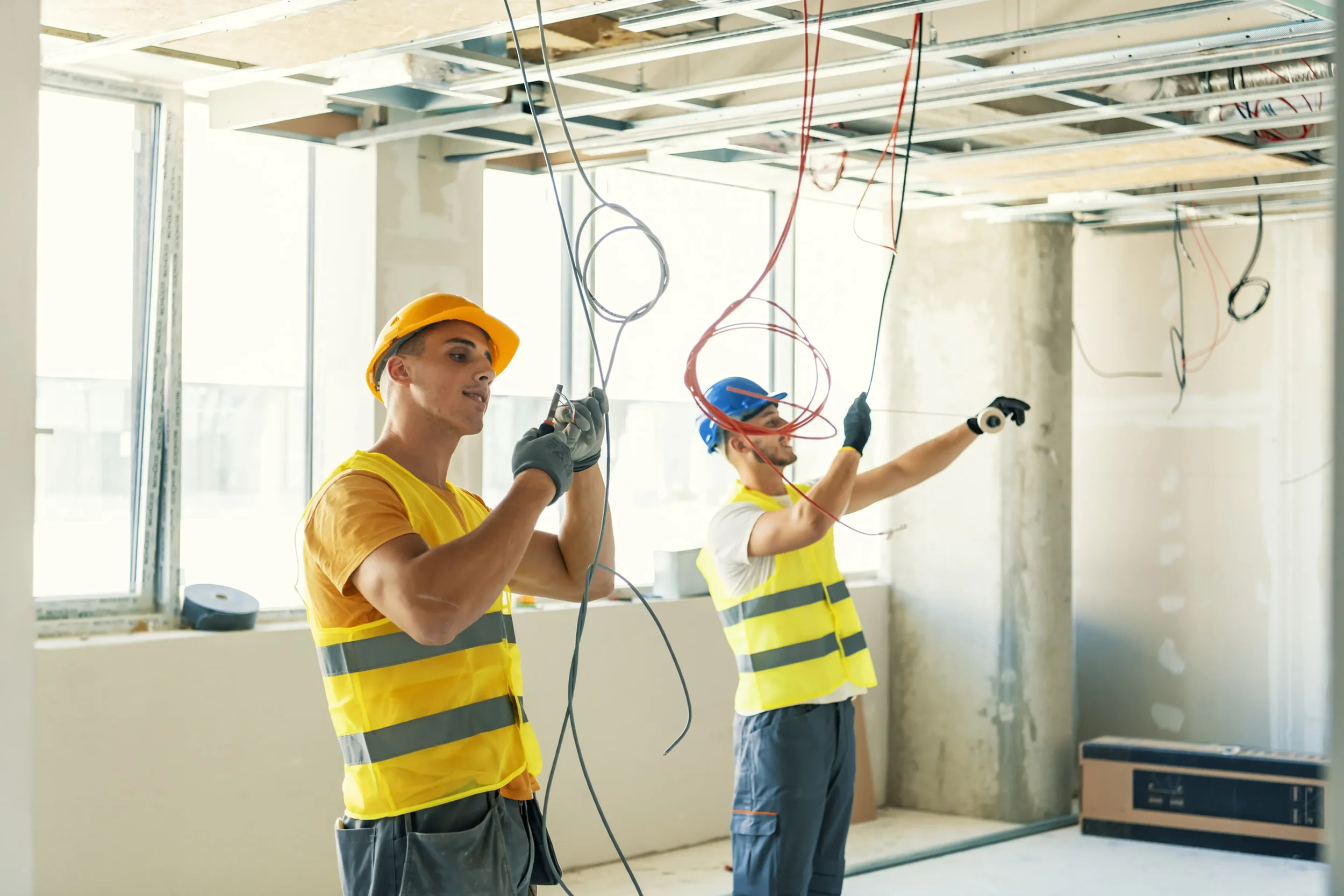 Two construction workers in yellow safety vests and helmets working on electrical wiring inside a building under construction.
