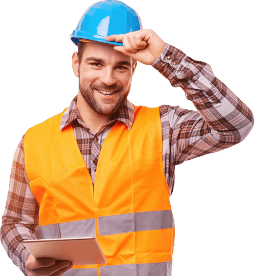 A smiling construction worker wearing a blue safety helmet and an orange safety vest, holding a tablet in one hand and adjusting his helmet with the other.