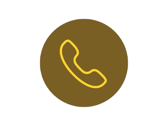 Yellow telephone receiver icon inside a brown circle.