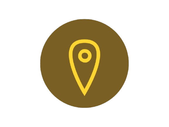 Icon of a map location pin on a brown circular background.