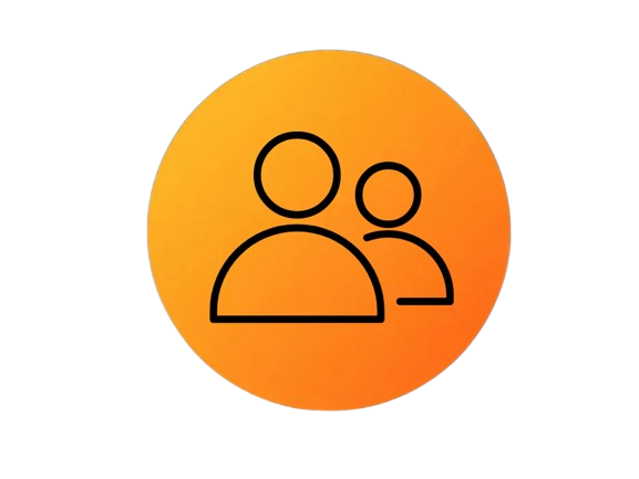 Icon of two people, one larger in front and one smaller behind, on an orange circular background.