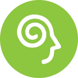 Green circular icon with a white spiral and profile of a human face in outline.