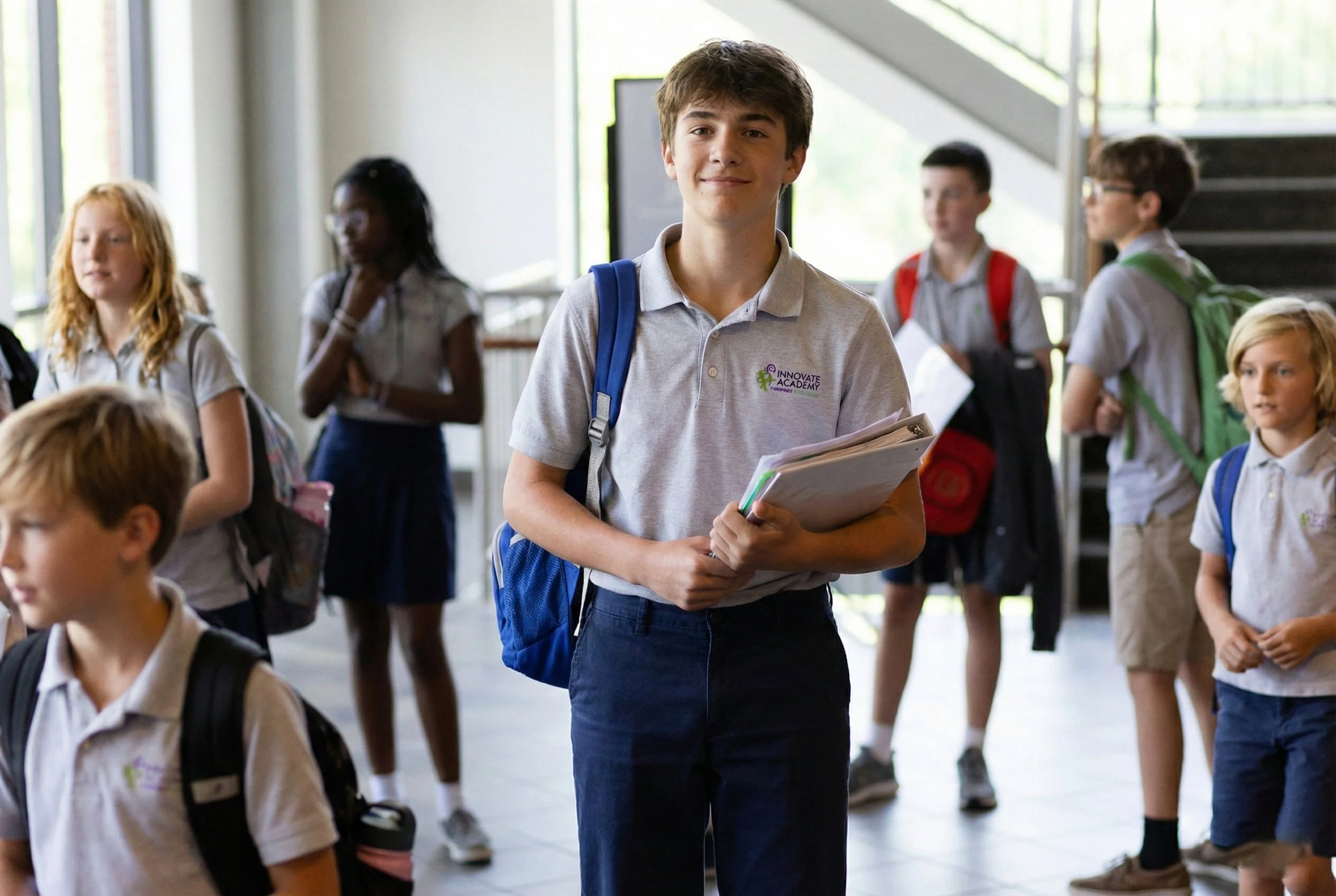 A group of young students in a school hallway, with one boy in the center holding notebooks and smiling at the camera.