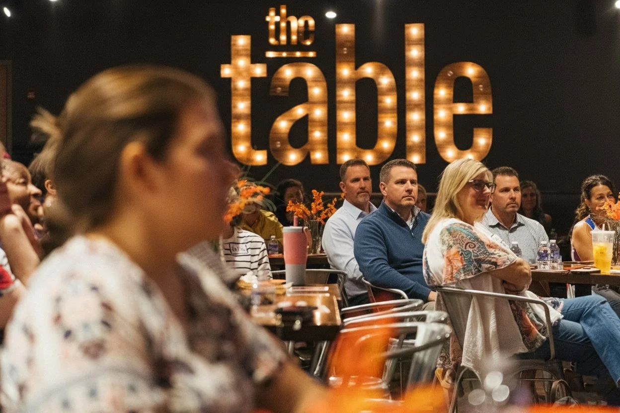 Audience seated in a dark room with a large illuminated sign that reads 'the table' on the back wall.