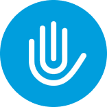 Blue circular icon with a white hand making a stop gesture