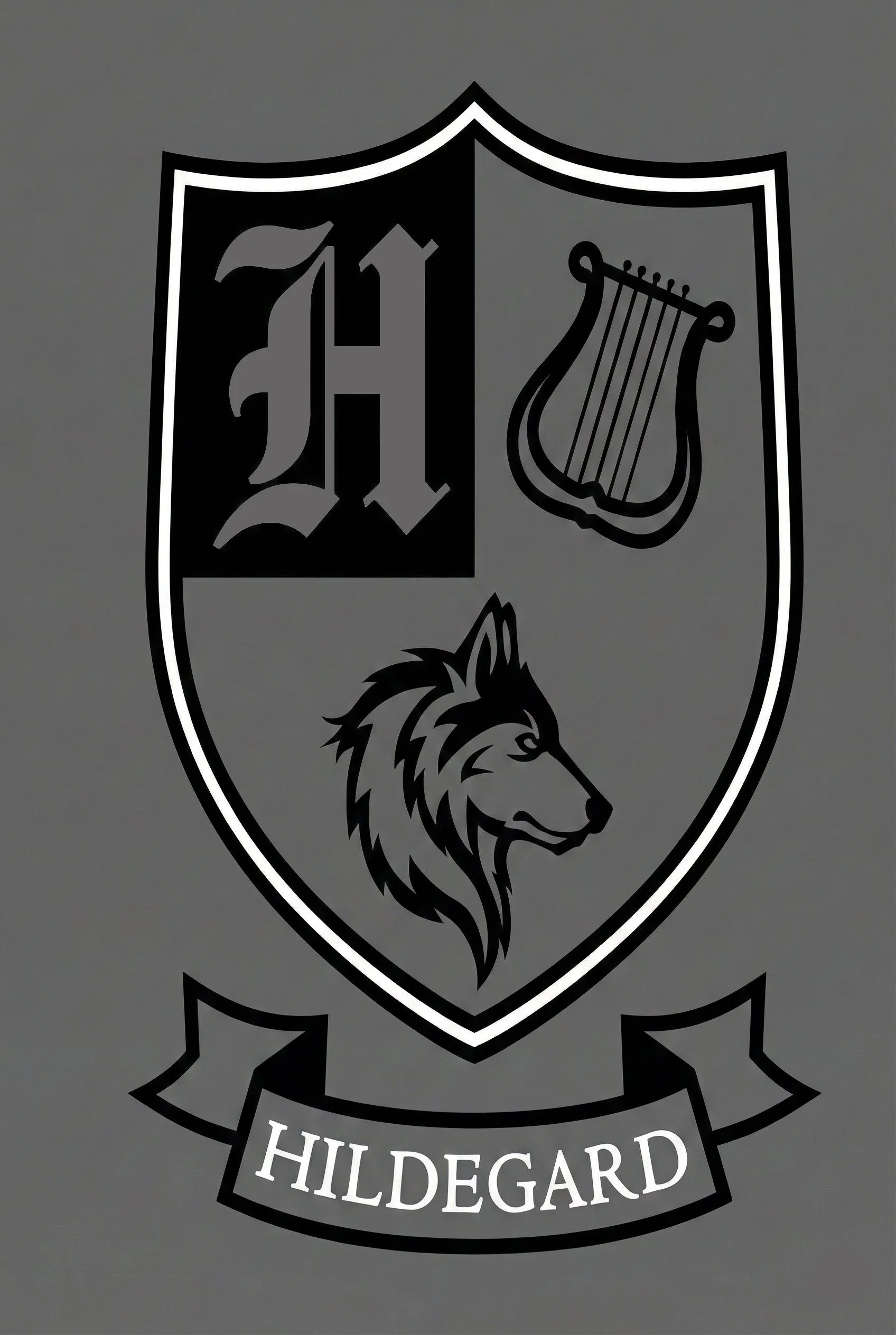 A shield-shaped emblem with a black border, divided into three sections. The top left has a black background with a gray letter 'H' in an Old English font. The top right has a harp illustration. The bottom features a lion's head profile facing right. Below the shield is a gray banner with the word 'HILDEGARD' in white capital letters.