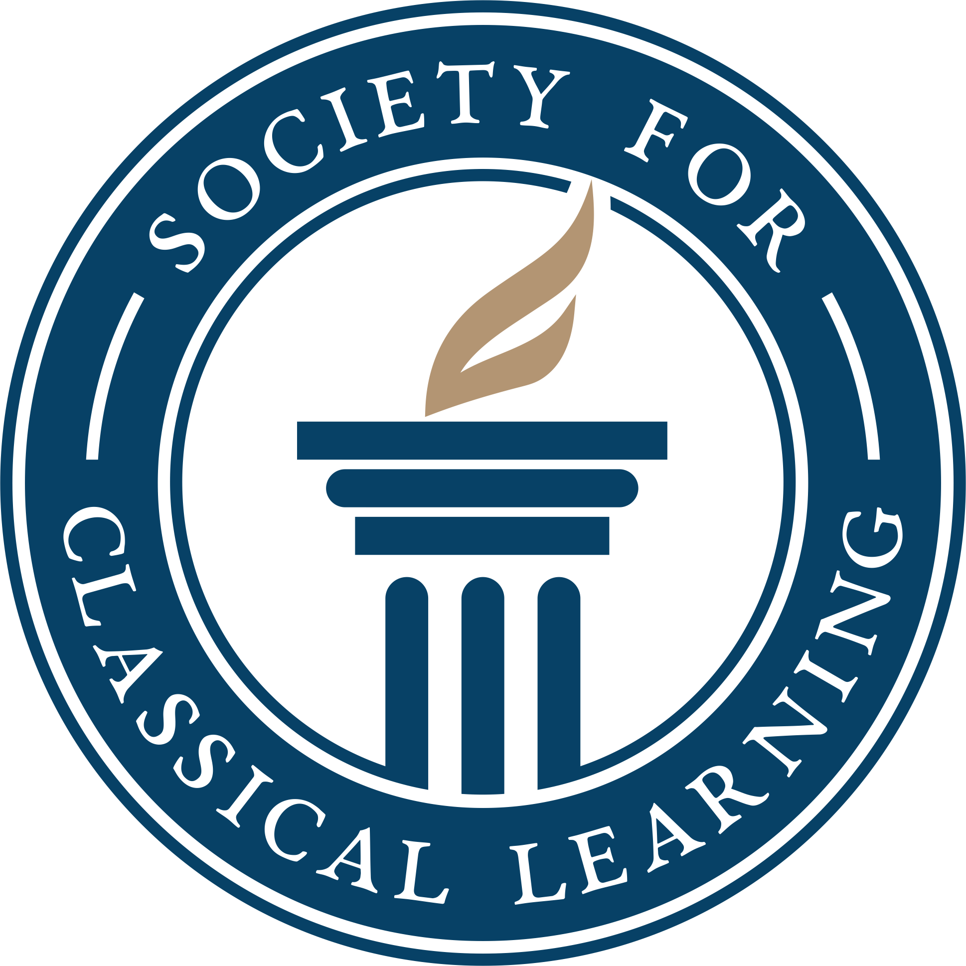 Seal of the Classical Learning Society featuring a torch with a flame.