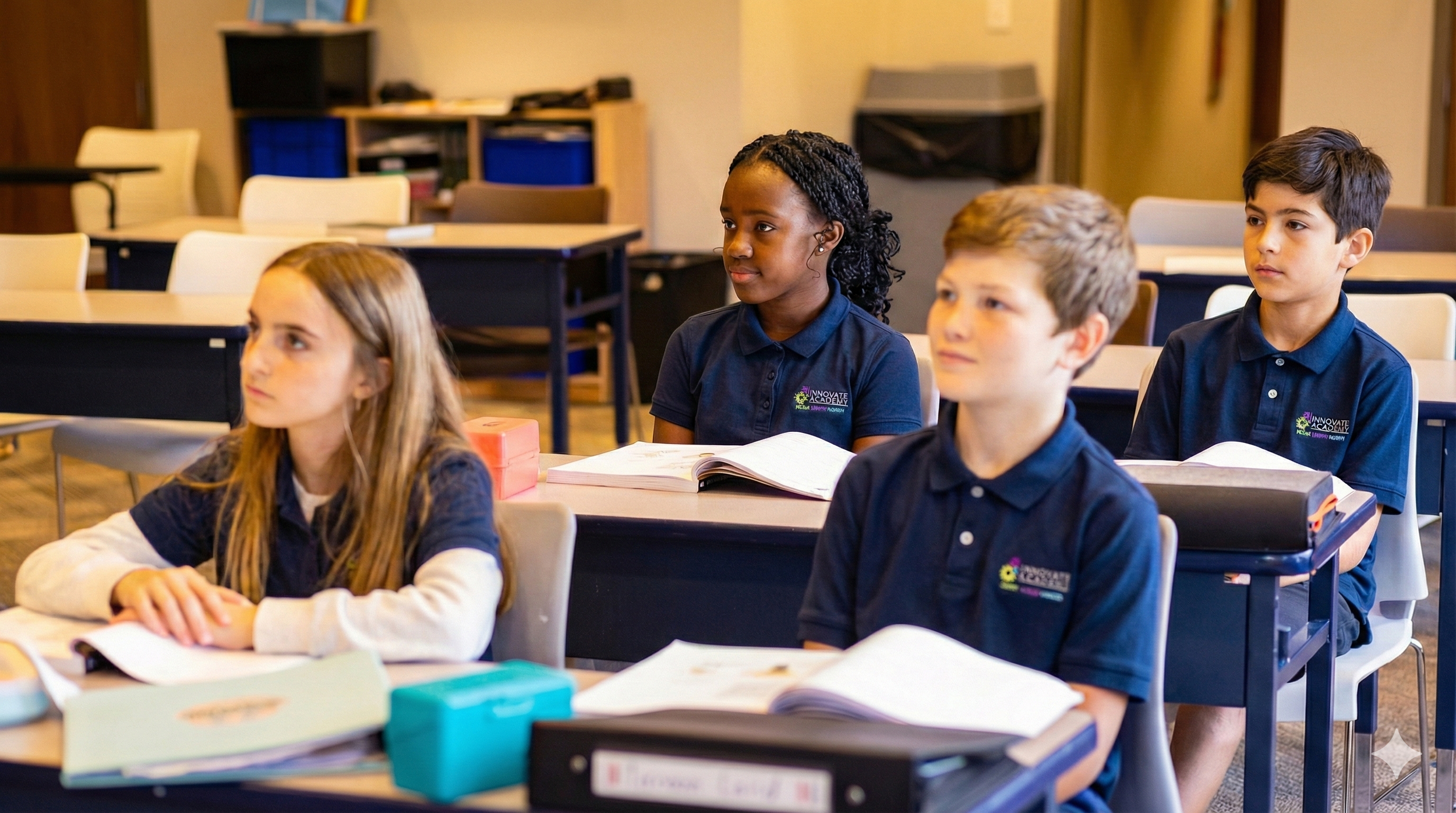 Four students sitting at desks in a classroom, attentively listening. They are wearing navy blue polo shirts with a logo that reads 'Innovate Academy'.