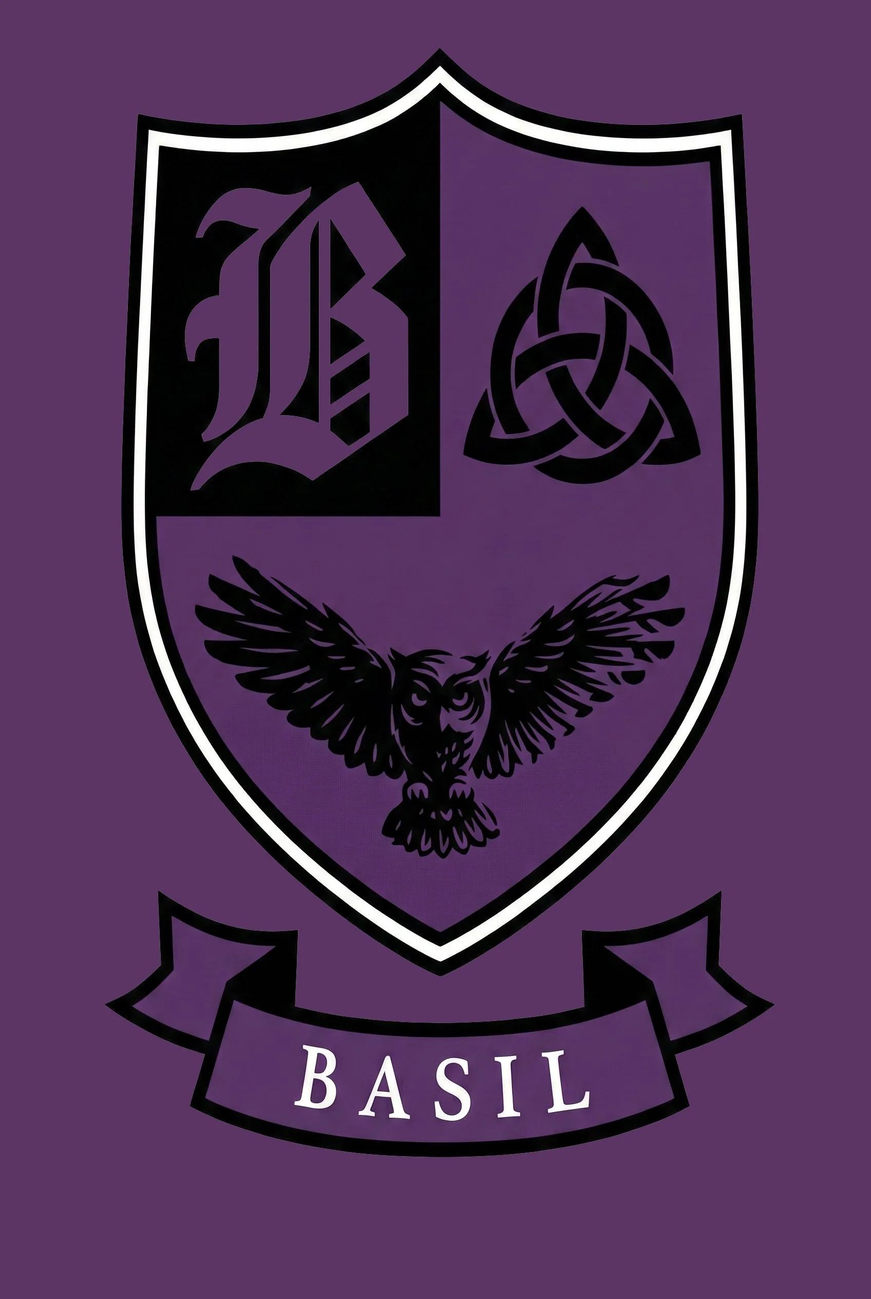 A purple shield featuring a Gothic letter 'B', a Celtic knot, and an owl with wings spread, with a purple ribbon below labeled 'Basil'.