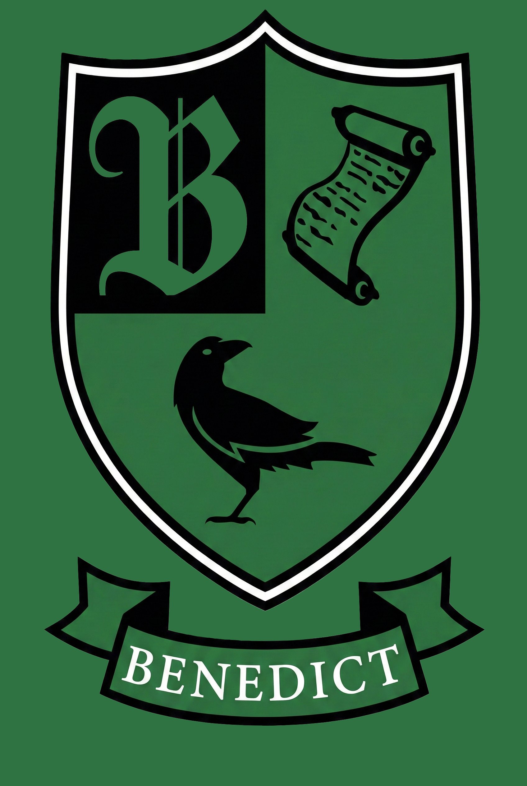 A green emblem with a black and white shield, featuring a Gothic letter 'B', a parchment scroll, and a black bird, with a banner reading 'BENEDICT' at the bottom.