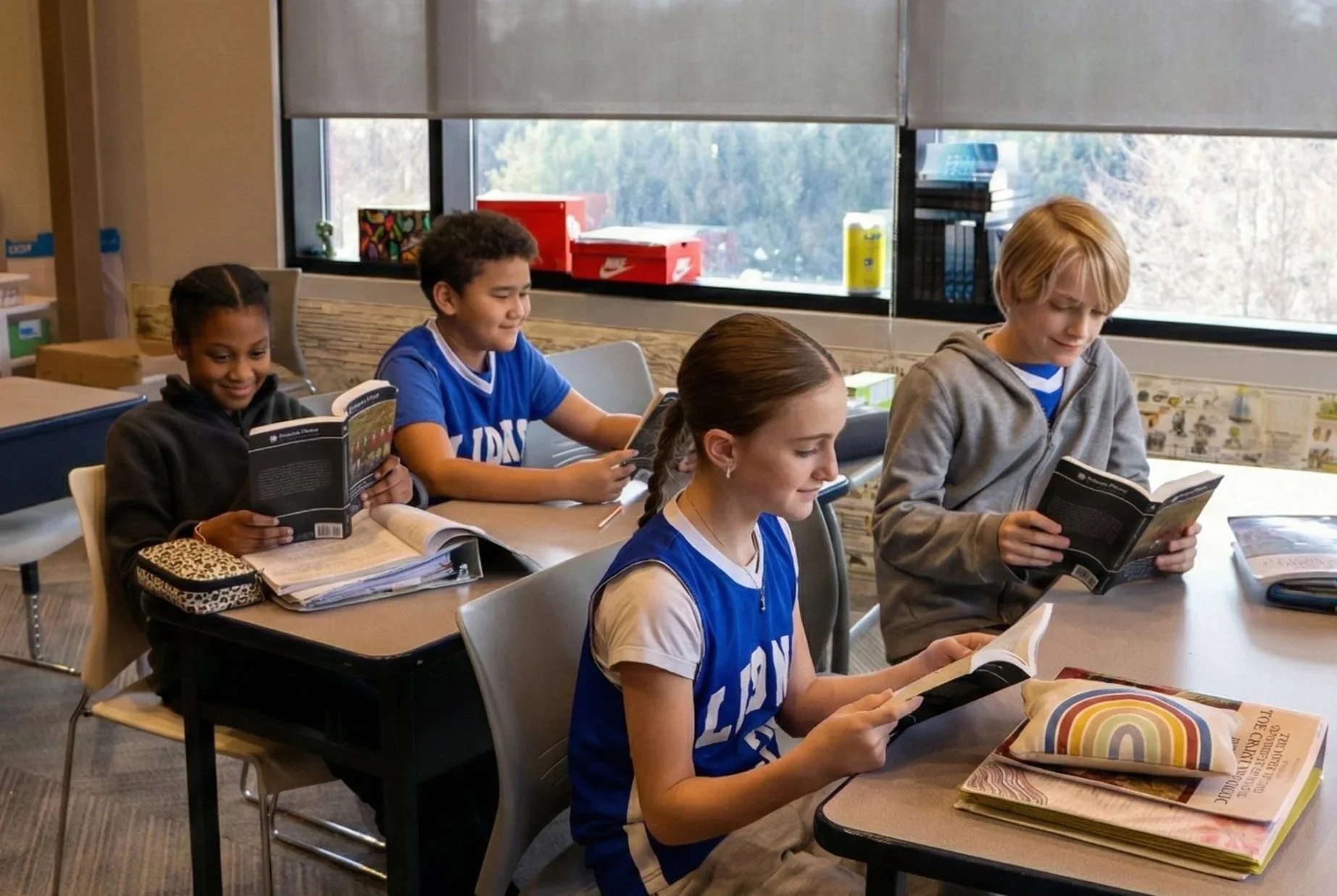 Four students sitting at desks in a classroom reading books, with large window behind them showing outdoor scenery.