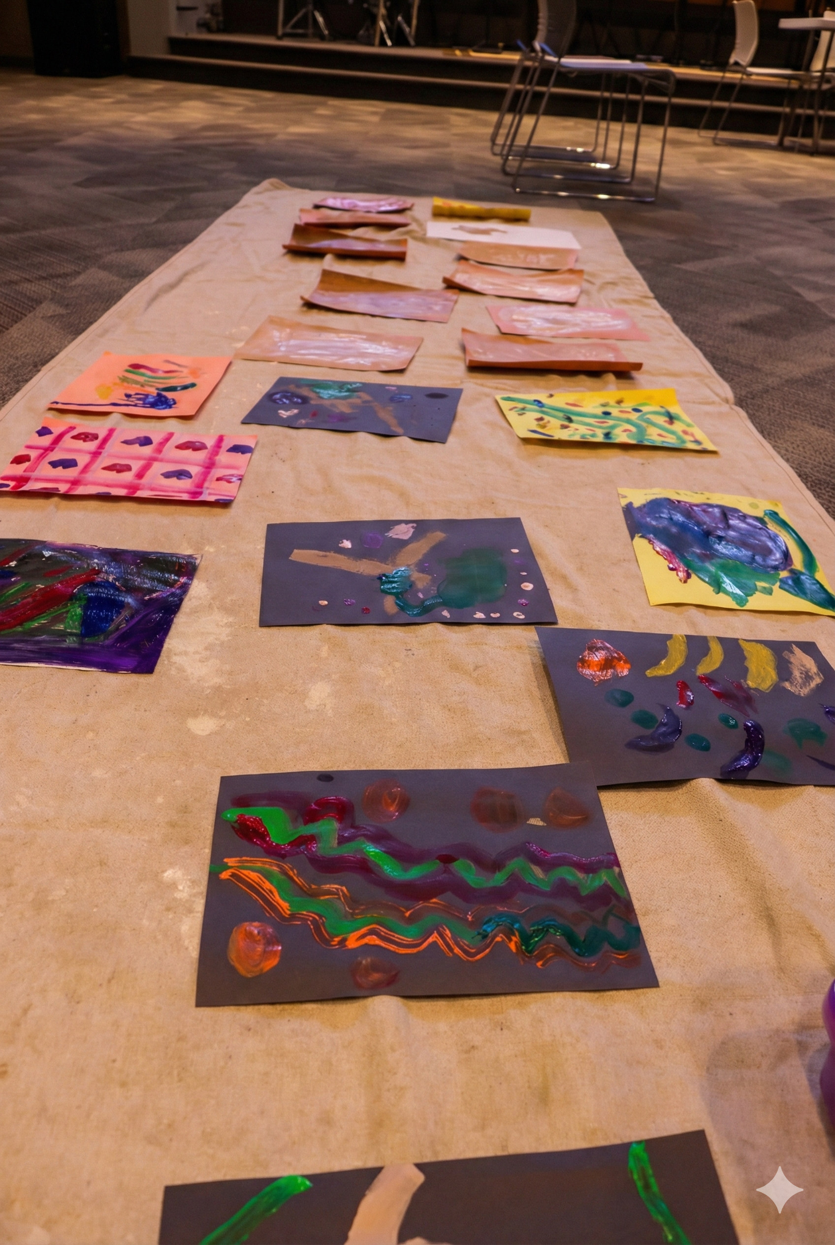Children's colorful abstract paintings laid out on a long beige tablecloth in a dimly lit room.