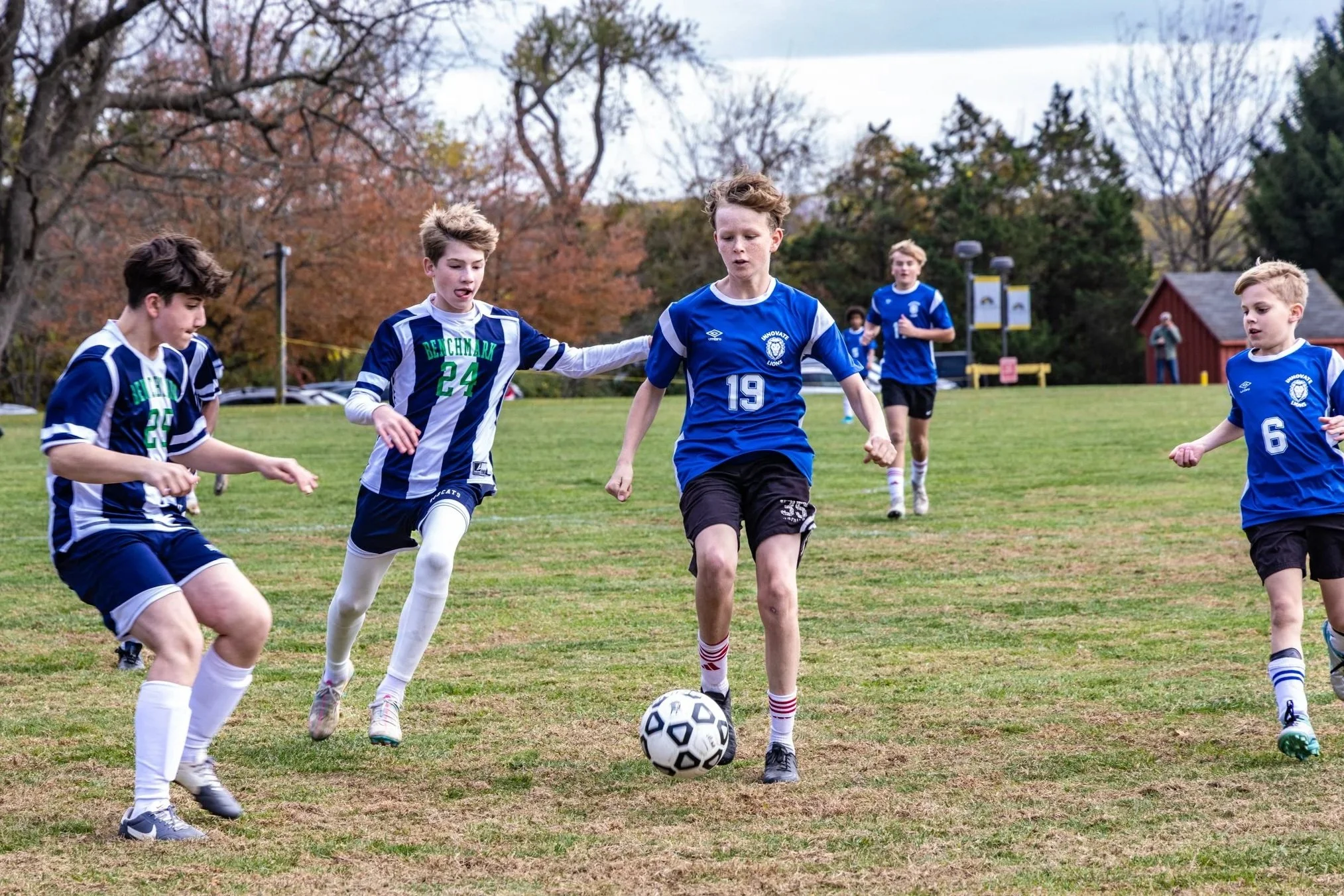 Young boys playing soccer on a grassy field during autumn, wearing blue and white jerseys, some with green accents. Trees with fall foliage are visible in the background.