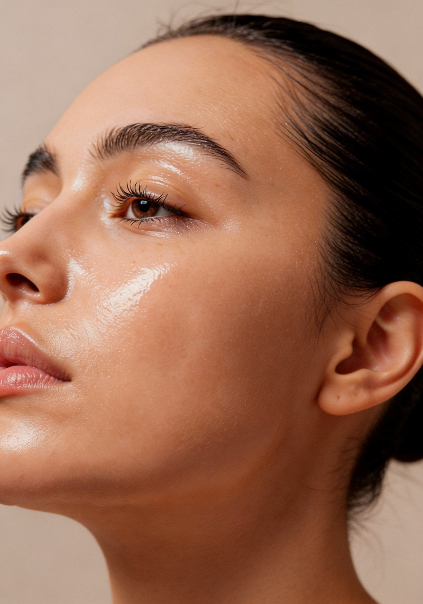 Close-up of a young woman's face showing her forehead, eye, cheek, and ear. Her skin appears smooth and glowing, with neatly groomed eyebrows and long eyelashes.