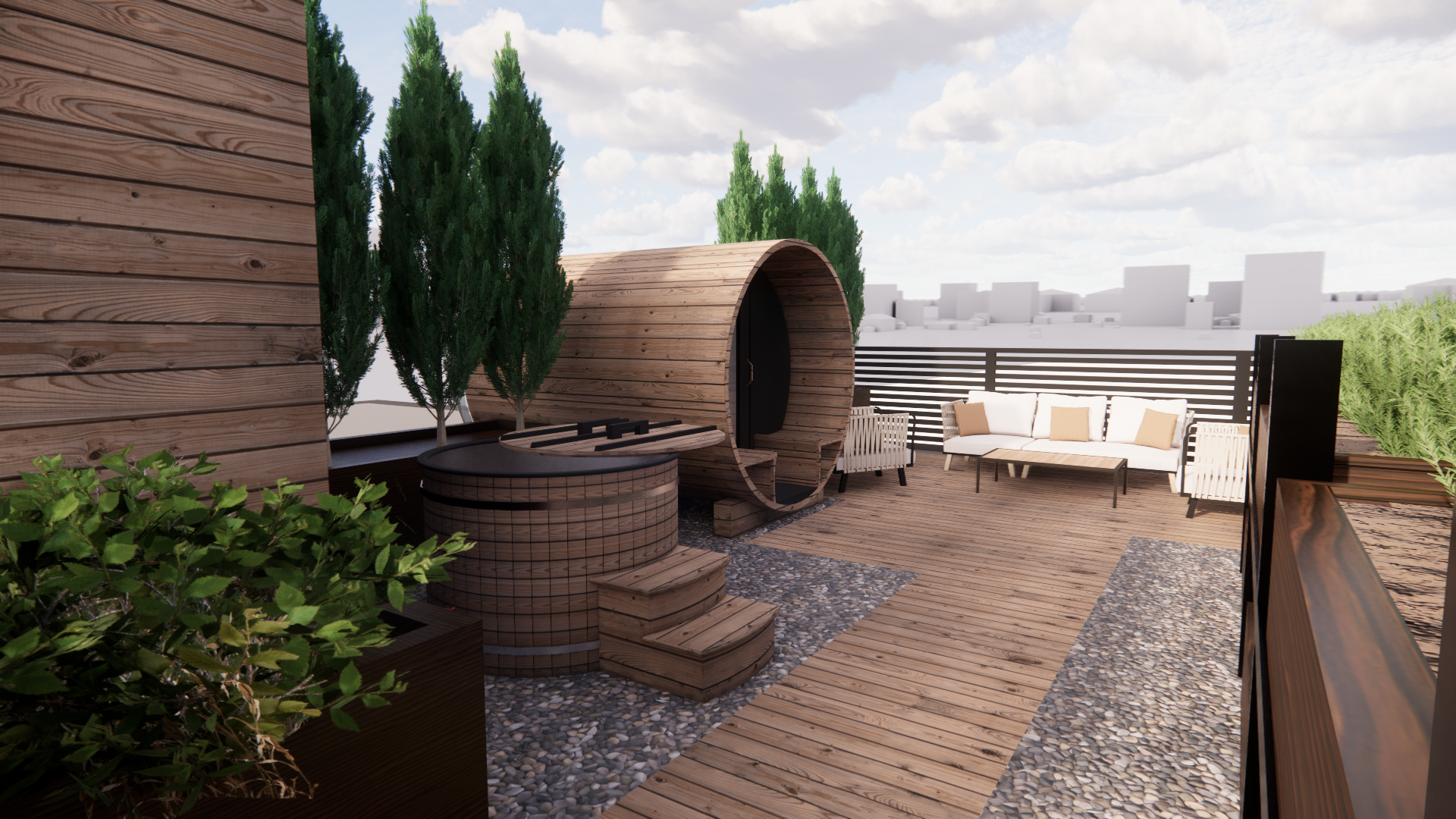 Rooftop patio featuring a wooden barrel sauna, outdoor hot tub, white sofa with beige pillows, and potted greenery against a cityscape background with a wooden privacy fence.
