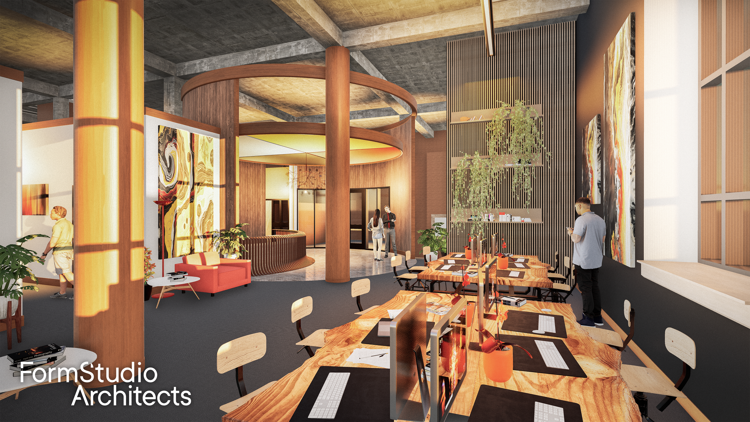 Interior view of a modern office or coworking space with wooden accents, abstract artwork, plants, and people working and walking around.