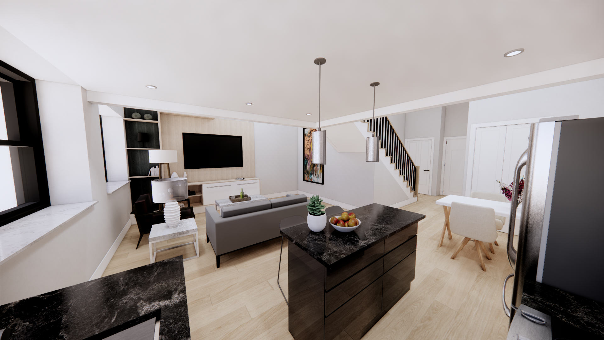 Modern open-concept living and dining area with black countertops, a staircase, and a wall-mounted TV.