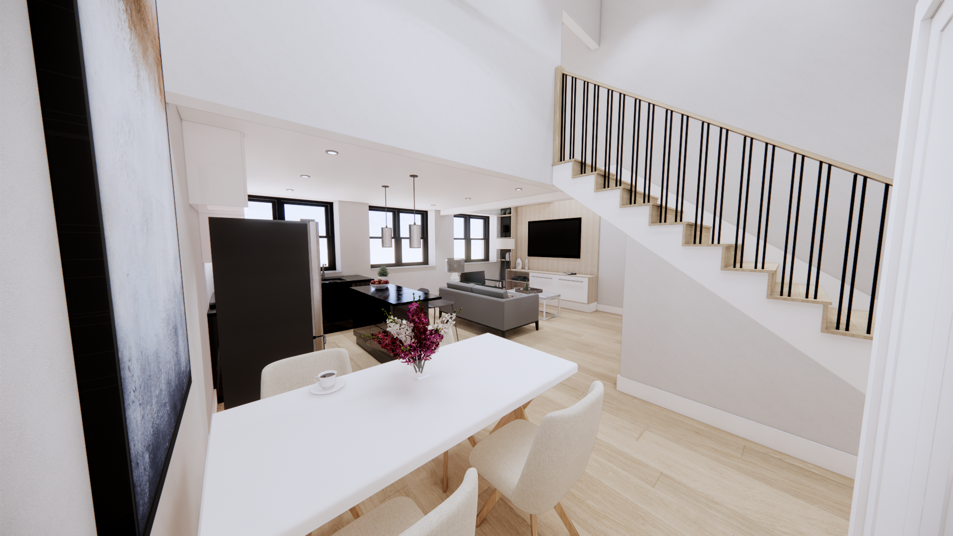 Modern open-concept living and dining room with staircase, white walls, large windows, and minimal decor.