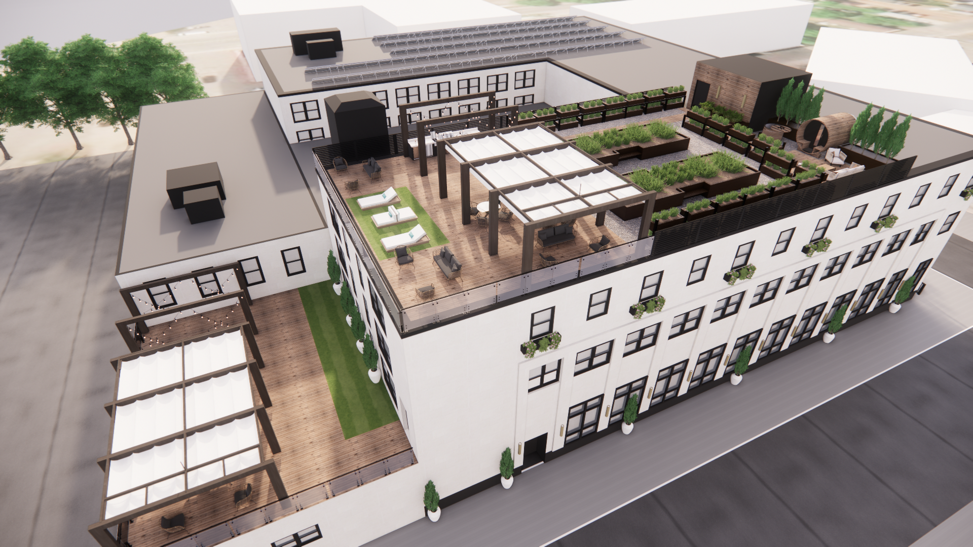 A modern multi-story building with a rooftop terrace featuring lounge chairs, garden beds, a pergola with seating, and a small outdoor lounge area.