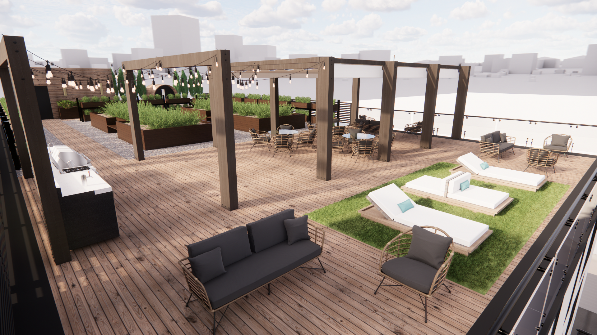 Rooftop terrace with wooden flooring, string lights, seating area with black sofa and chairs, lounge chairs with cushions, green grass patch, raised garden beds with plants, and city skyline in the background.