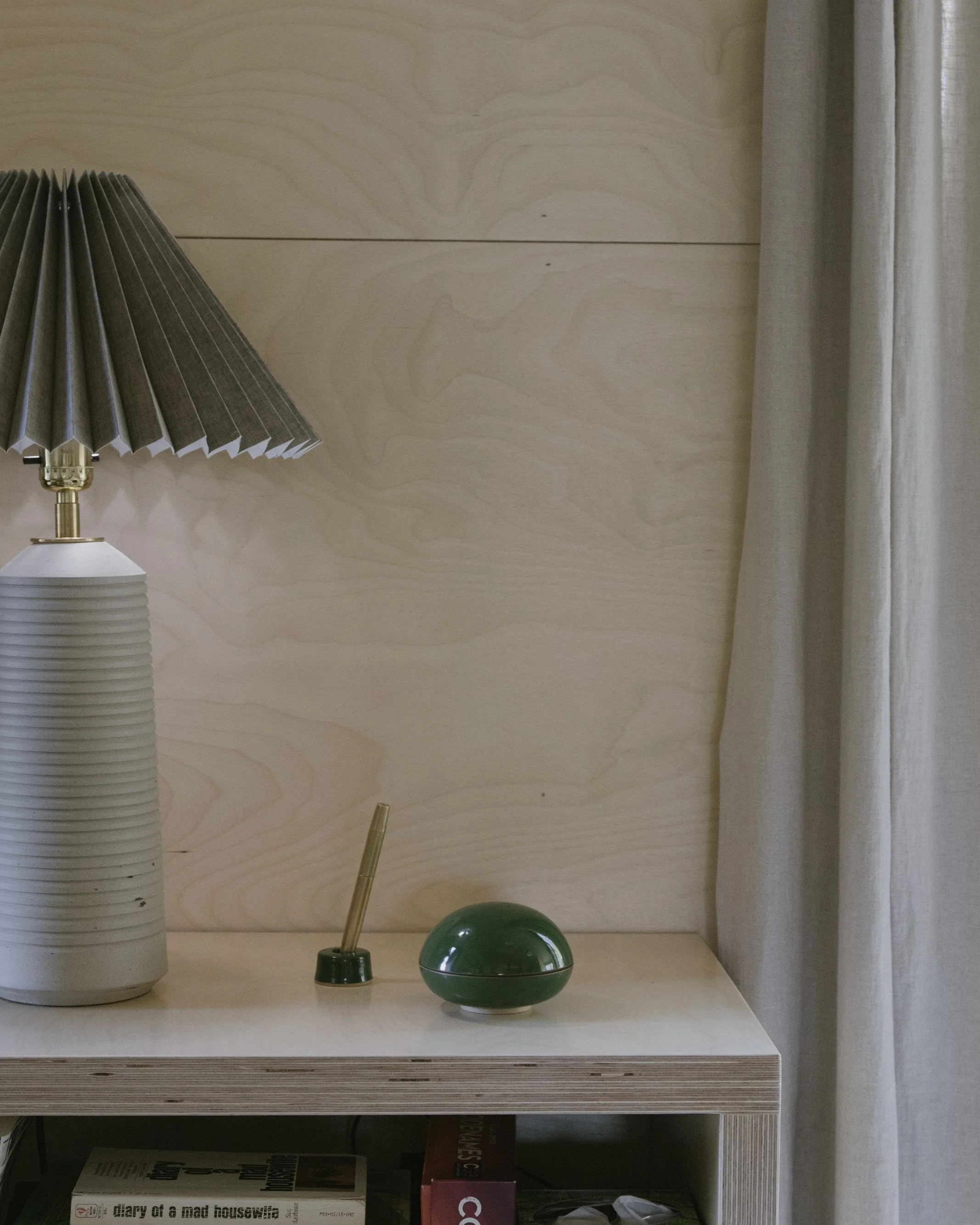 Corrugated lamp, sphere jar and tool stand at the cabin - 2022
