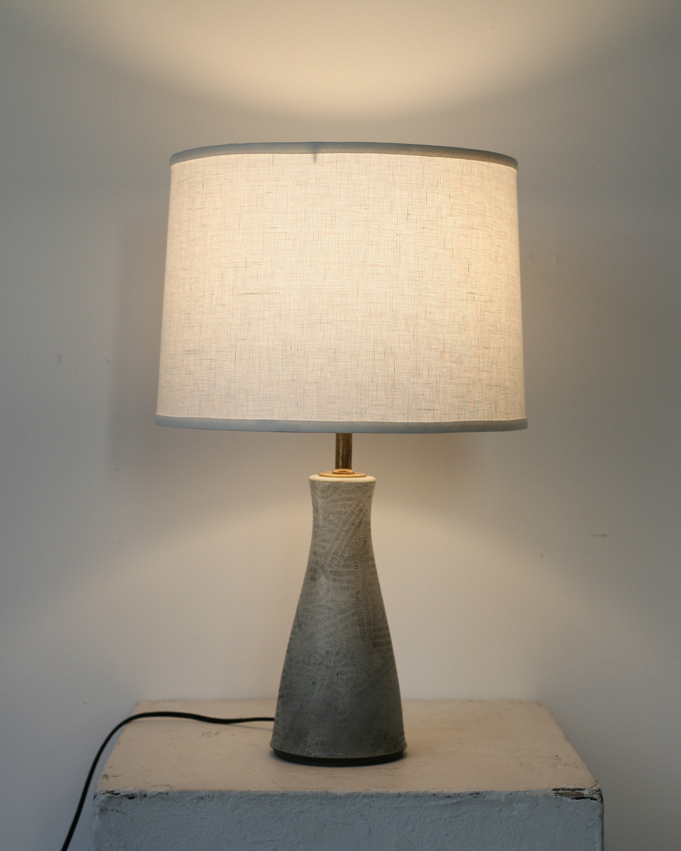 Lamp, thrown by me and carved by Kristine Zingeler - 2018