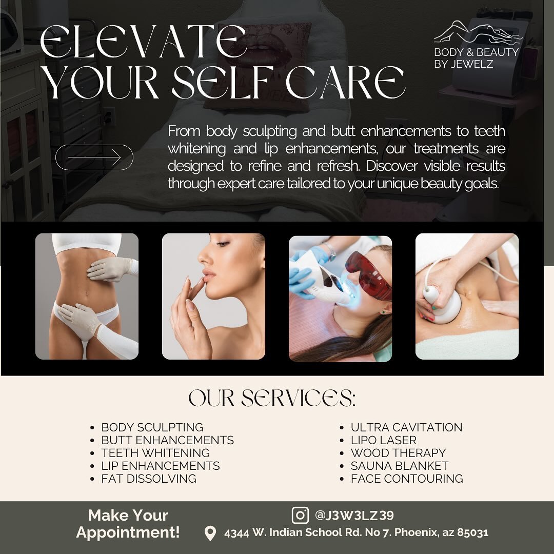✨ Reveal Your Radiance ✨
Body &amp; Beauty by Jewelz is here to elevate your self-care game with expert treatments that deliver real results! From body sculpting and butt enhancements to teeth whitening, lip enhancements, fat dissolving, and more&mda