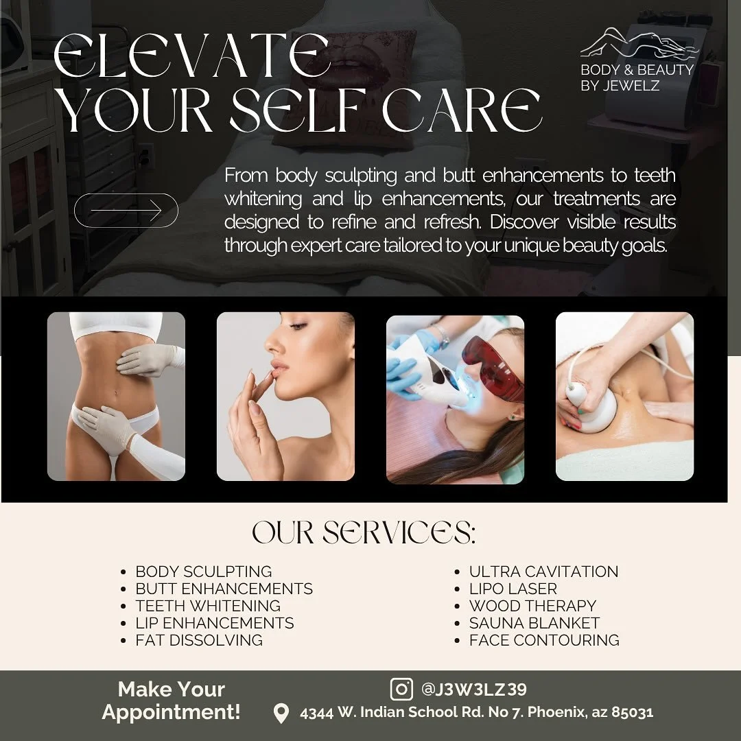 ✨ Reveal Your Radiance ✨
Body &amp; Beauty by Jewelz is here to elevate your self-care game with expert treatments that deliver real results! From body sculpting and butt enhancements to teeth whitening, lip enhancements, fat dissolving, and more&mda