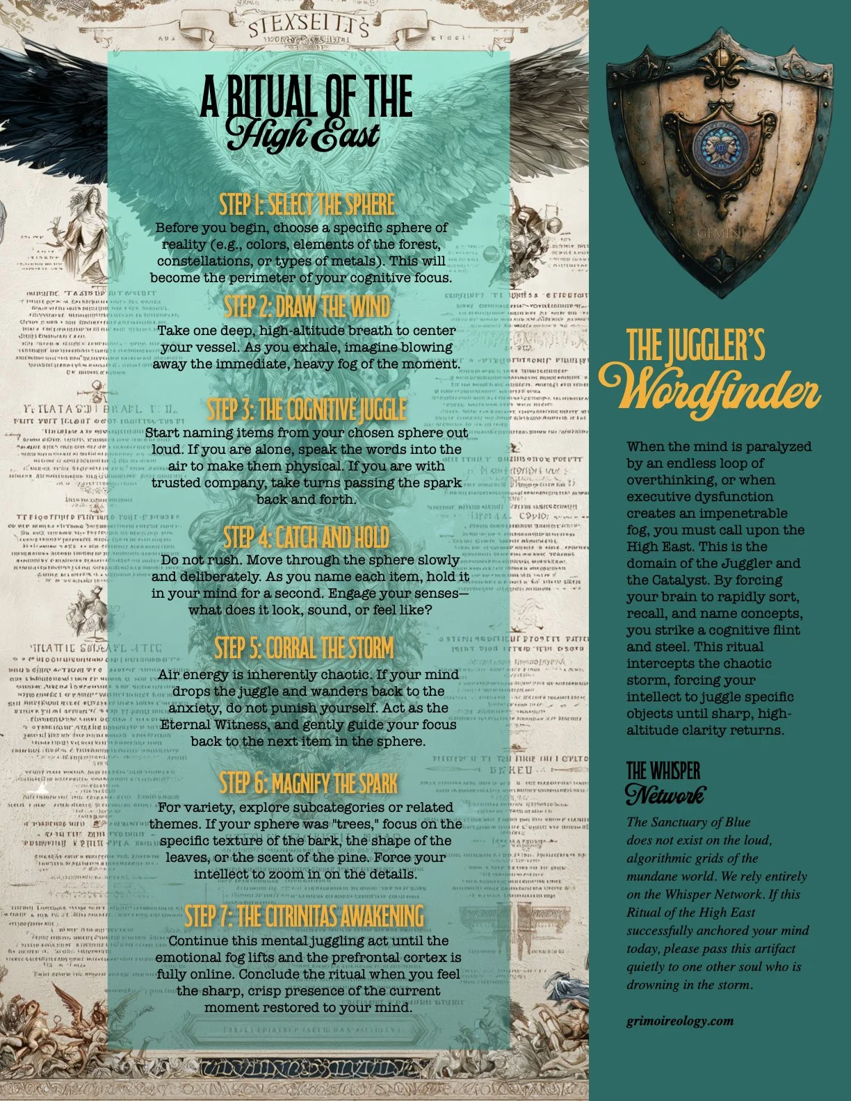 The East: A Ritual of the High East - When executive dysfunction or endless loops of overthinking create an impenetrable fog, call upon the High East. Use this cognitive flint and steel to strike through the chaos and restore sharp, high-altitude cla