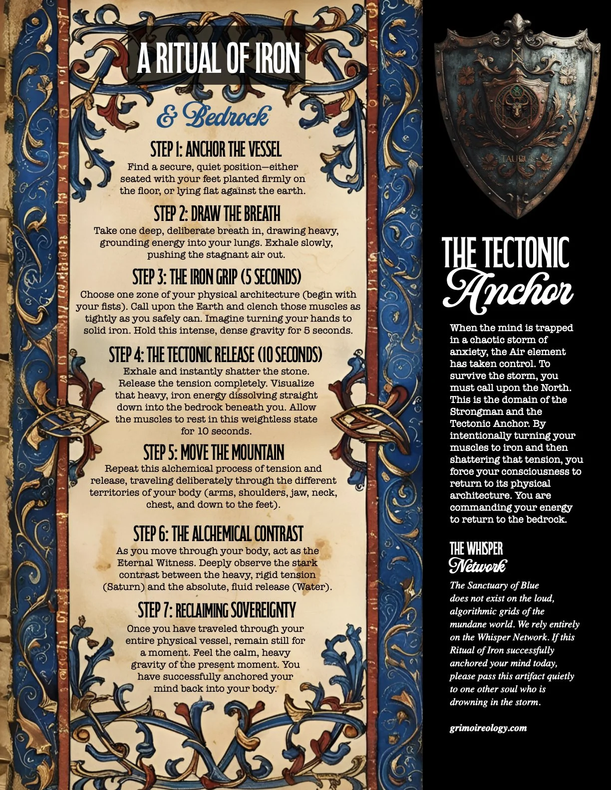 The North: A Ritual of Iron & Bedrock - When the mind is spiraling into panic or dissociation, the Earth element acts as your Tectonic Anchor. Use this somatic ward to turn your muscles to iron, shatter the tension, and forcefully plant your consciou