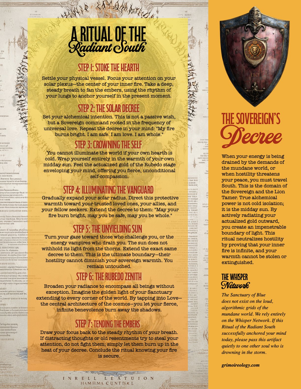 The South: A Ritual of the Radiant South - When your energy is being drained by the demands of the mundane world, the Fire element is your boundary. Align with the primordial frequency of universal love and radiate your sovereign warmth outward. You 