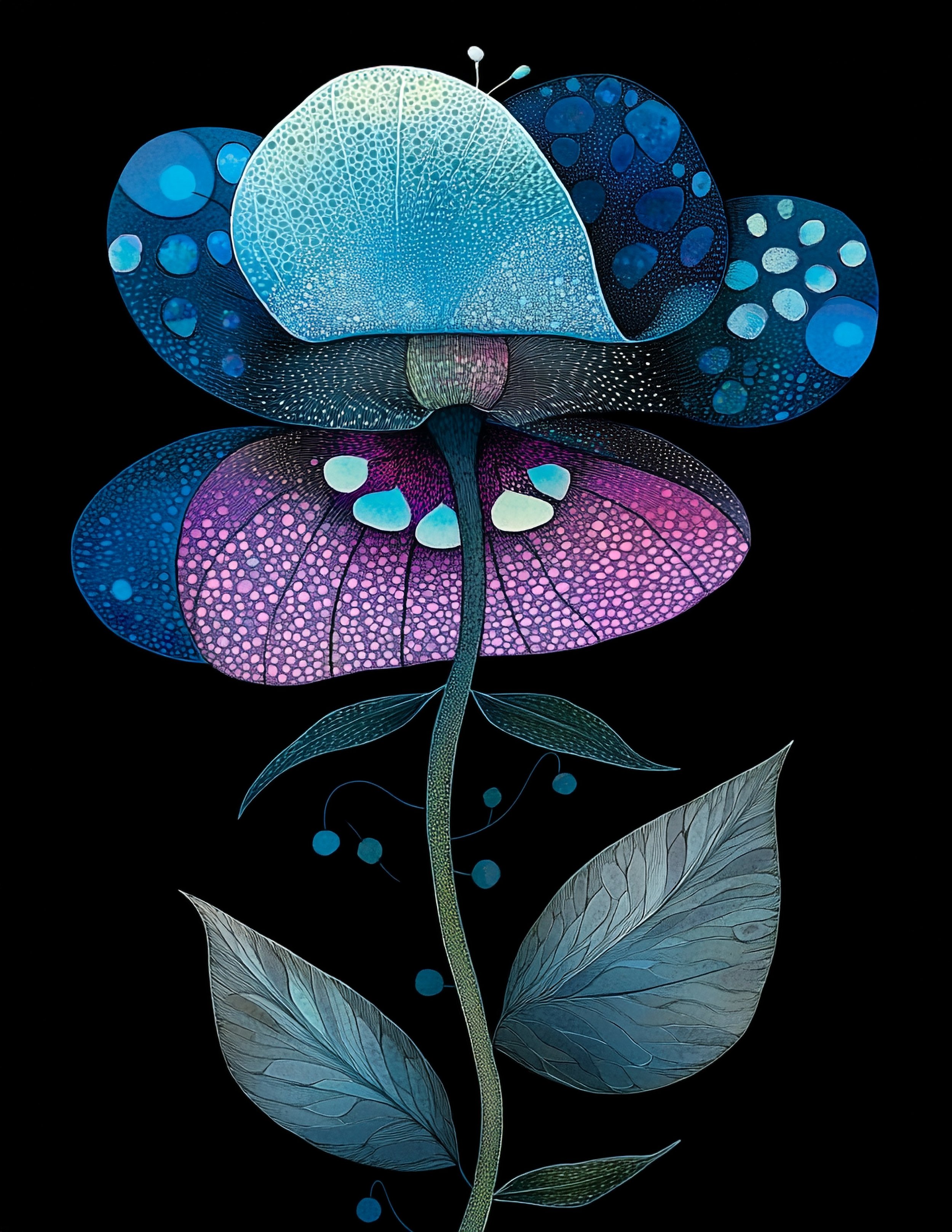 A digitally illustrated flower with blue, purple, and pink petals against a black background.