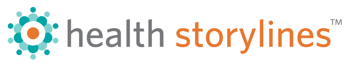 Logo for 'Health Storylines' featuring a circular design with smaller circles around a central orange circle, and the text 'health storylines' with 'health' in gray and 'storylines' in orange.