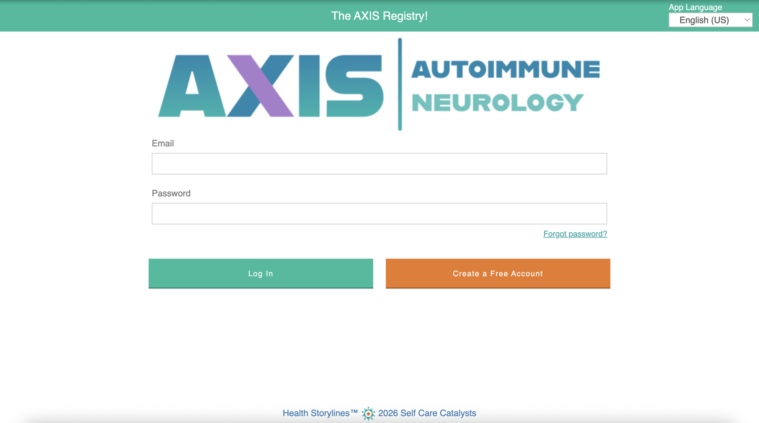 The login screen for the AXIS Registry, focusing on autoimmune neurology, with fields for email and password, and options to log in or create a free account. The top has a banner for the AXIS Registry, with language selection in the top right corner.