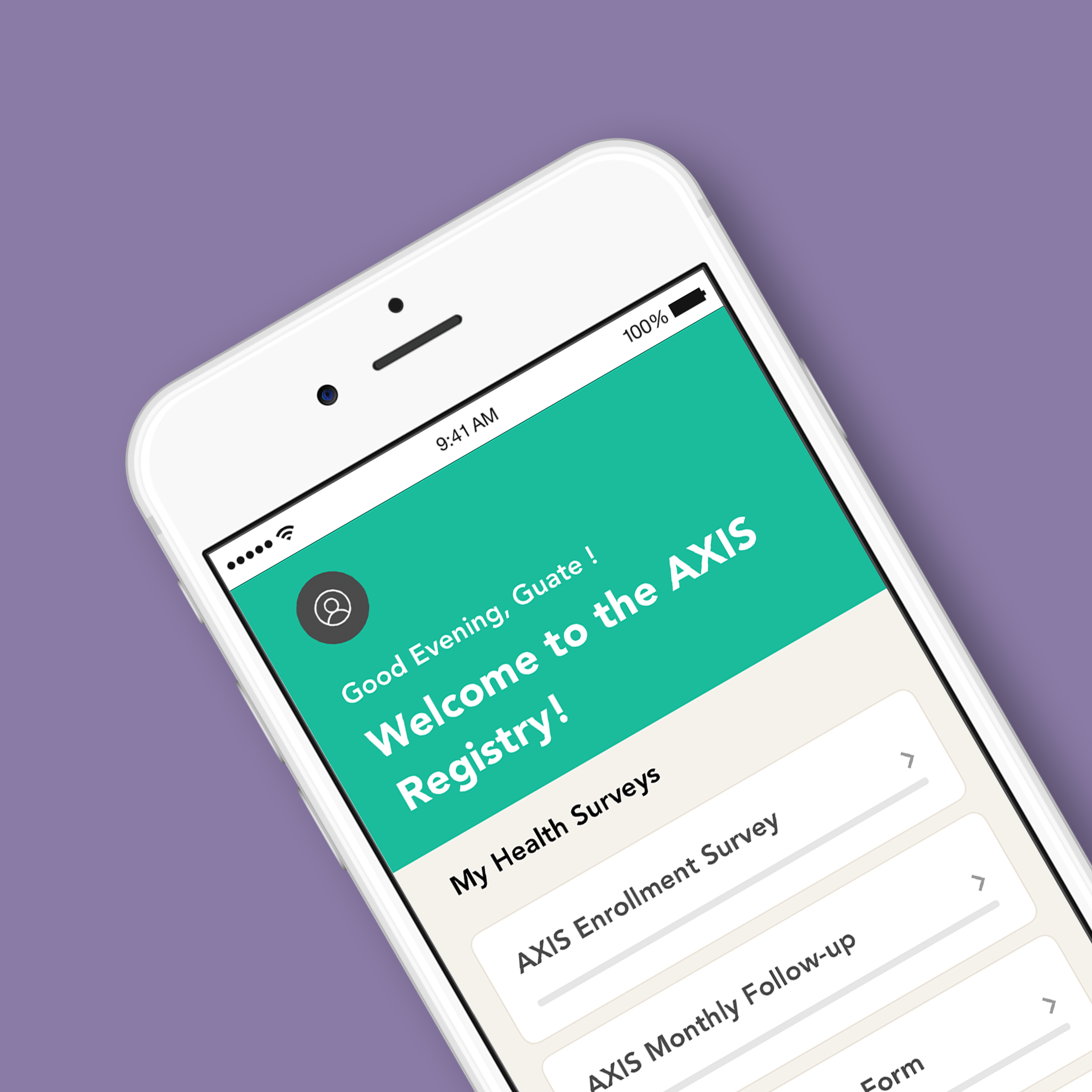 Screenshot of the Health Storylines mobile app interface welcoming user 'Guate' to the AXIS Registry with health surveys and follow-up options.