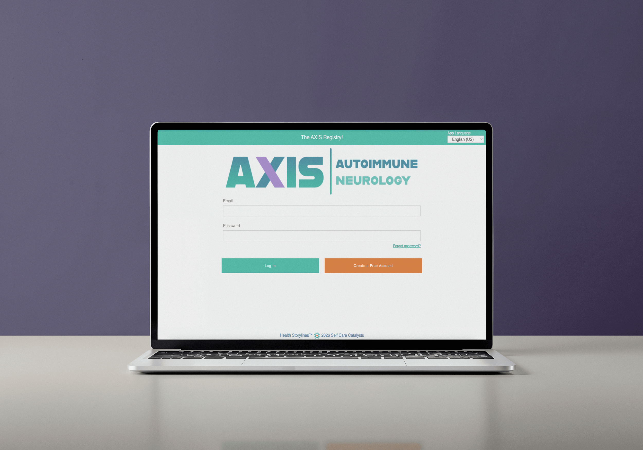 Laptop displaying the login page for the Axis Registry, an autoimmune neurology patient registry platform, with fields for email and password, and options to log in or create a free account, set against a purple wall background.