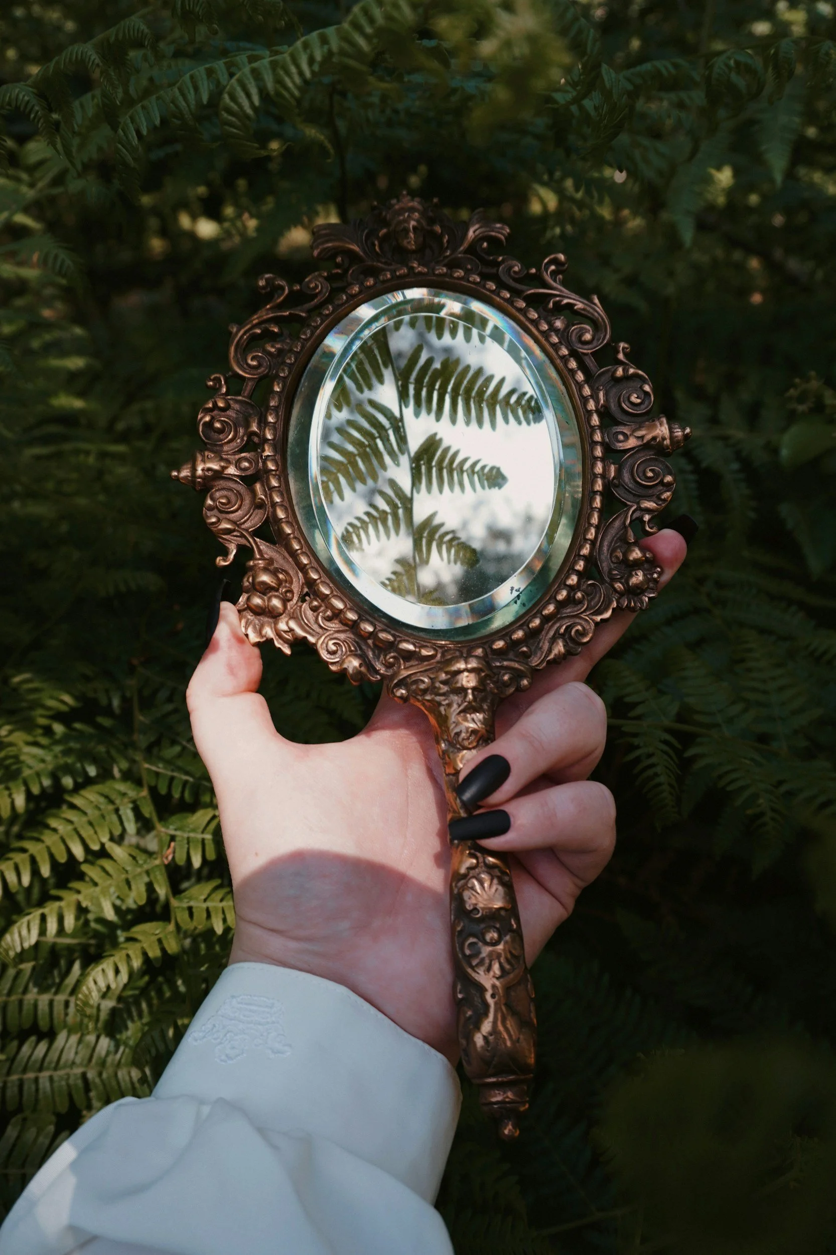 A hand holding an ornate antique mirror with a carved golden frame, reflecting a fern plant.