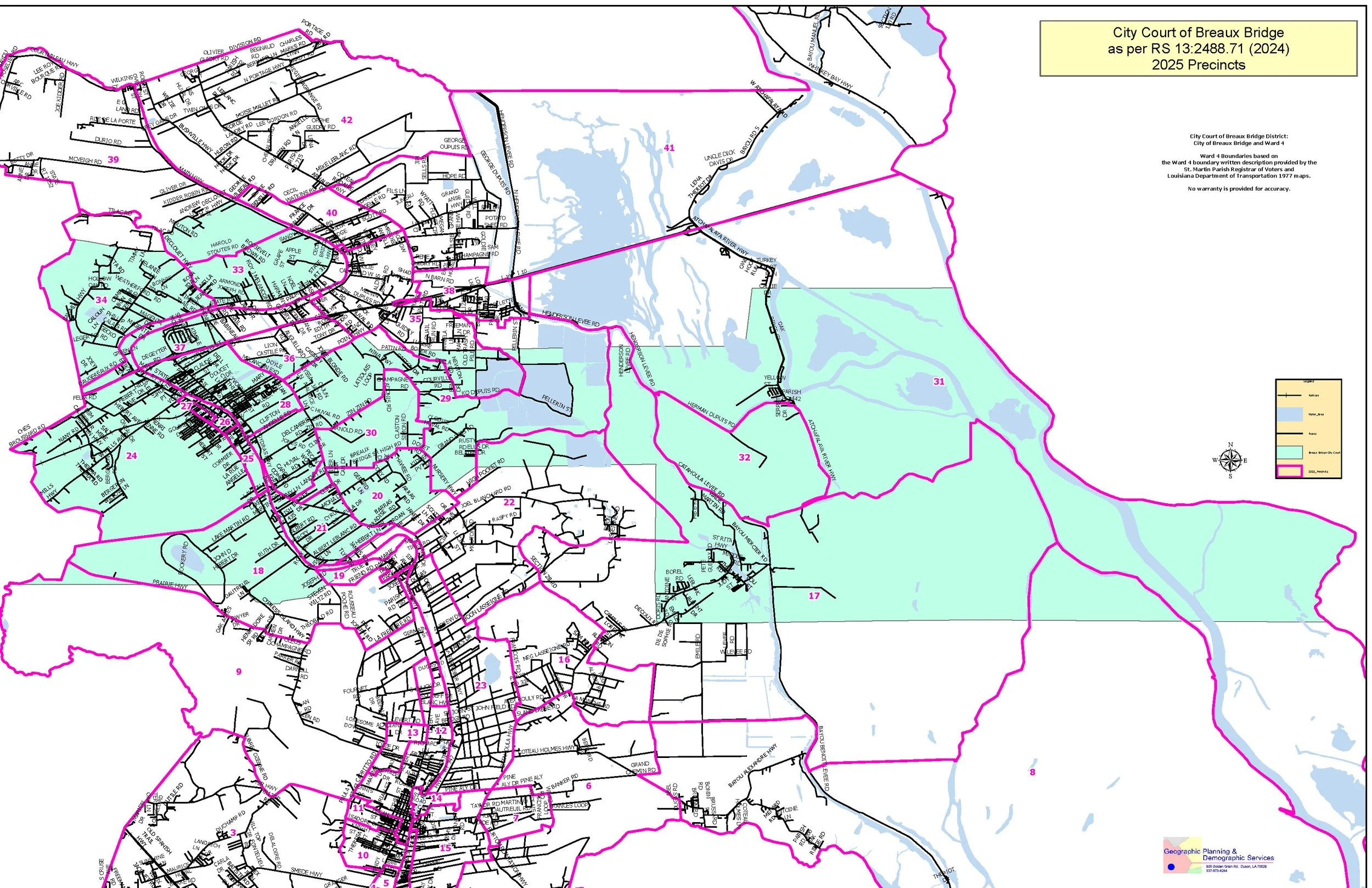 Map of Breaux Bridge showing city precinct boundaries for Bart Hebert for City Court Judge