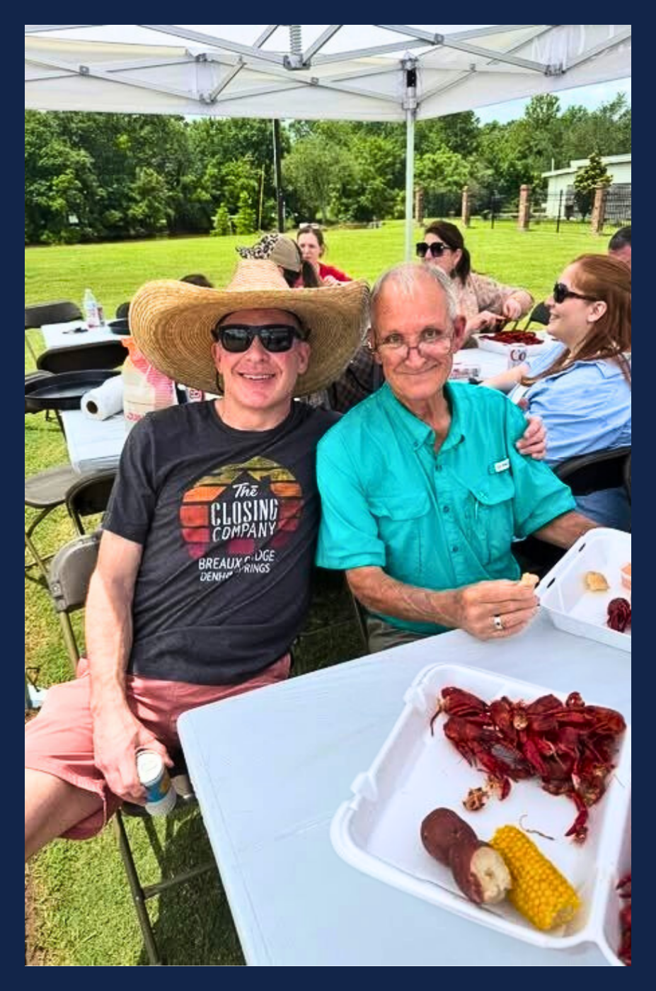 Bart Hebert for City Court Judge and his father at a crawfish boil on a sunny day.