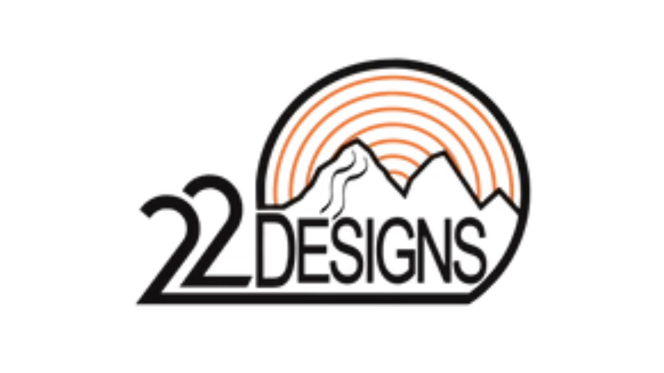 Logo with a rainbow, mountain silhouettes, and text '22 DESIGNS'