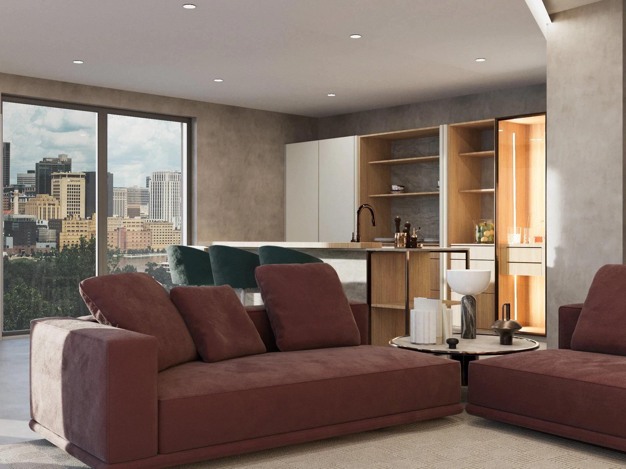 Interno di un soggiorno moderno con divani rossi, tavolino, cucina aperta e vista sulla città tramite grandi finestre.