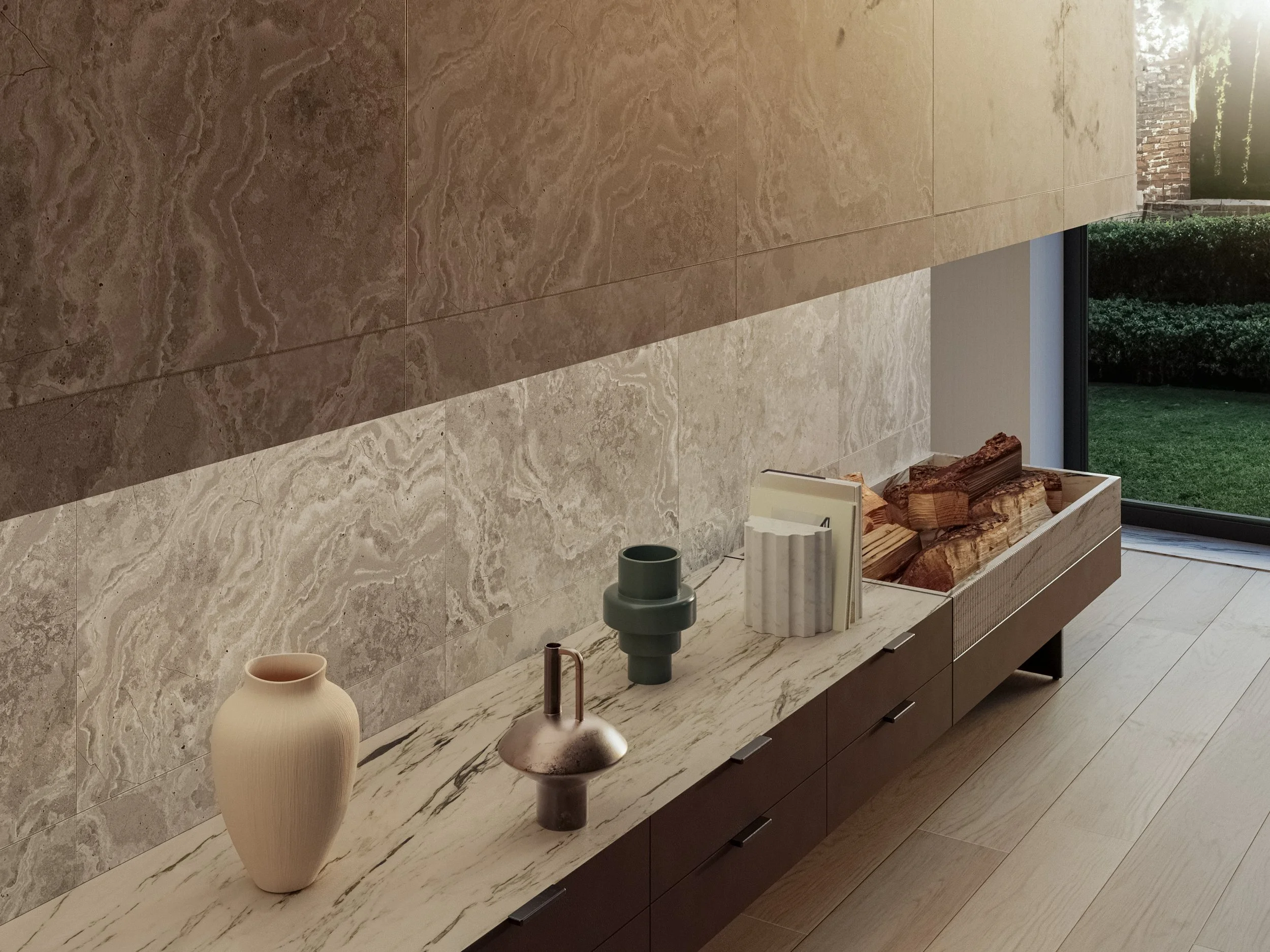 Interior moderno con parete in marmo e console in marmo con vasi decorativi e legna.