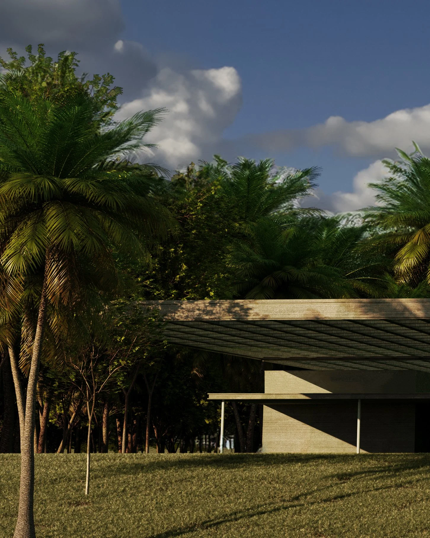 Un edificio moderno circondato da palme e alberi, con un cielo nuvoloso sullo sfondo.